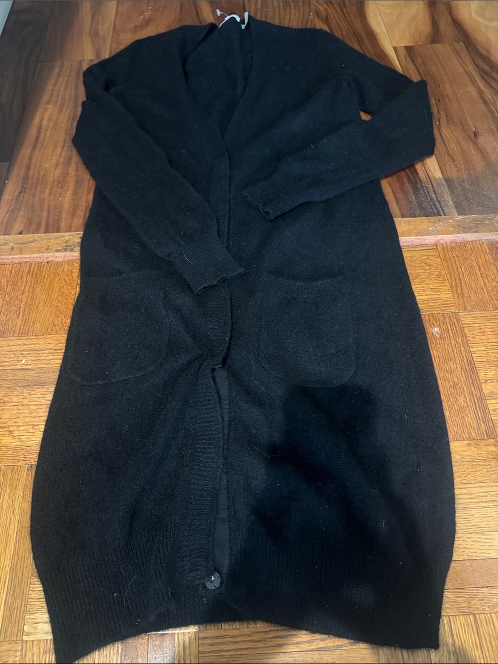 Minnie Rose Black Long Open-Front Cardigan with Pockets 100% cashmere